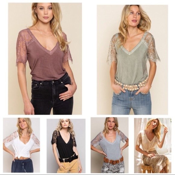 POL Lace V-Neck Tee w/ Eyelash hemmed Sleeves - Picture 11 of 14